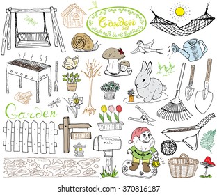 Garden set doodles elements. Hand drawn sketch with gardening tools, flowers and plants, garden figures, gnome mushrooms, rabbit, nest and birds, backyard swing. Drawing doodle, isolated on white.