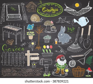 Garden set doodles elements. Hand drawn sketch with gardening tools, flowers and plants, garden figures, gnome mushrooms, rabbit, nest and birds, backyard swing. Drawing doodle, on chalkboard.