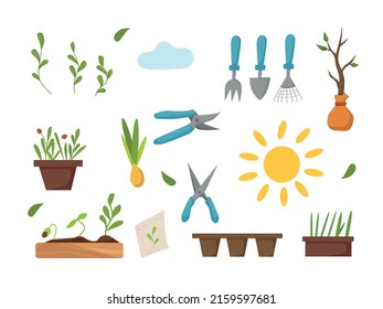 Garden set - flowers, seeds, tree, inventory. Ideal for scrapbooking, poster, tag, sticker. Vector cartoon illustration.