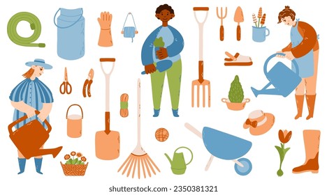 Garden set with gardeners and tools. Watering can, threads, bucket, slipper shoes, hat, secateurs, flower, basket and other. Vector illustration.