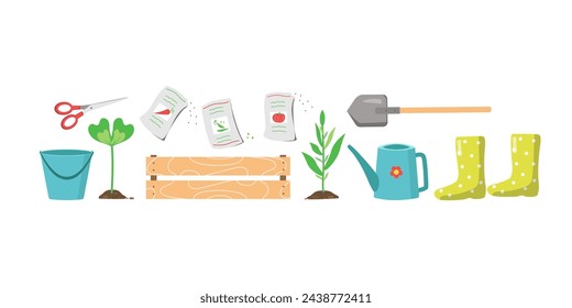 Garden set. Gardening, hobby. Gardener's tools and equipment. Plant care. Spring season. Wooden box, high rubber boots, seeds, sprouts, soil, scissors, watering can. Colored flat vector illustration.
