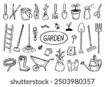 Garden set hand drawn in doodle style. Hobby gardening. Gardener tools for caring for plants and cleaning the backyard. Vector line art illustration.