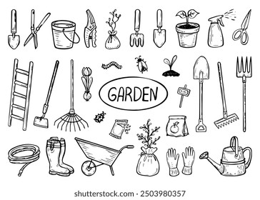 Garden set hand drawn in doodle style. Hobby gardening. Gardener tools for caring for plants and cleaning the backyard. Vector line art illustration.