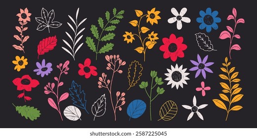 Conjunto de Jardim de Plantas Desenhadas à Mão com Cores Vibrantes e com Textura Sutil Grunge. Desenhos a lápis de um prado. Elementos simples de natureza vintage