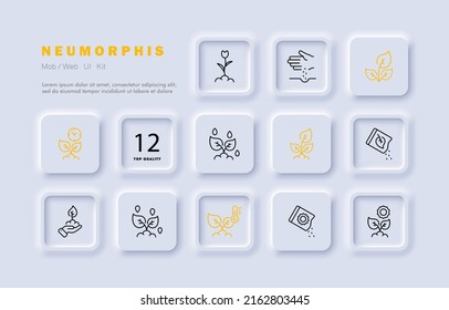 Garden set icon. Flower, plant, fertilizer, botany, gloves, seed, leaf, sunflower, tree, sprout, phytology, Cereal crops. Greenpeace concept. Neomorphism style. Vector line icon for Business