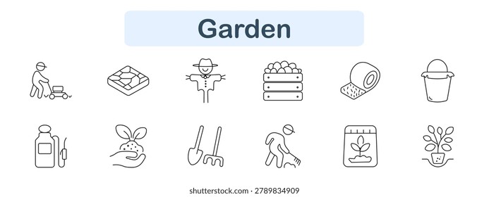 Garden set icon Lawn mower, paving slab, scarecrow, harvest crate, soil roll, bucket, sprayer bottle, seedling hand, shovel, rake, digging worker, fertilizer bag, plant pot. Gardening activity visuals