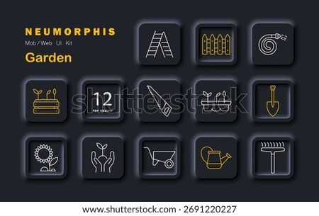 Garden set icon. Shows planter box, ladder, fence, hose, saw, shovel, tray with seedlings, sunflower, hands, wheelbarrow, watering can, rake, number badge