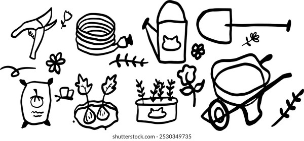 Garden Set Illustration | Minimalist Doodle Vector for Nature and Gardening Designs