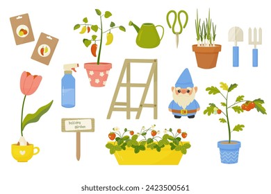 Garden set on balcony. urban gardening, vegetables in pots , spring planting. tomatoes, peppers, stock, onions, seeds. Vector illustration