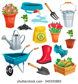 Garden set with pail watering can rubber boots sprout in pot organic vegetables in container colored isolated icons flat vector illustration