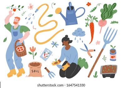 Garden set, people gardening, vector illustrations of garden gear, gardening tools and supplies, woman working in garden, man picking apples, spring outdoors activity, cute cartoon characters.