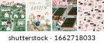 Garden! Set of posters landscape spring farm village, young girl with potted plant, woman cares for garden, grows organic vegetables and herbs. Vector illustration for card, postcard or poster