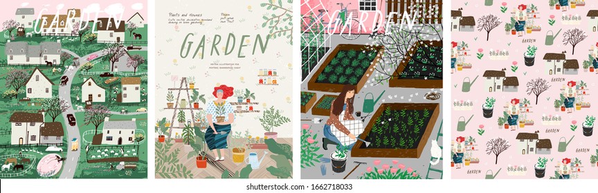 Garden! Set of posters landscape spring farm village, young girl with potted plant, woman cares for garden, grows organic vegetables and herbs. Vector illustration for card, postcard or poster