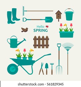 Garden Set Rubber Boots, Secateurs, Spade, Fork, Rake, Watering Can, Bucket, Daffodils, Tulips, Trolley, Bird. Hello Spring. Vector Illustration.