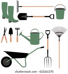 Garden set - shovel, rake, bucket, watering can, rubber boots and a pitchfork