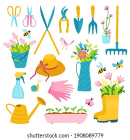 Garden set. Spring collection with tools for working with the earth. Sprouting pots, flowers in a vase, rubber boots. Romantic vector cartoon illustrations isolated on white background.