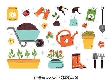 Garden set. Spring collection with tools for working with the earth. Sprouting pots, flowers, butterfly, rubber boots. Romantic vector cartoon illustrations isolated on white background.