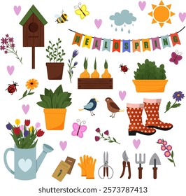 Garden set of tools - shovel and scissors, gloves and rubber boots. Birdhouse and birds, different flowers. Bouquet of flowers in a watering can. Plants in pots and garden boxes. Colorful welcome