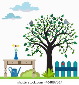 garden set: tree, table, watering can, fence
