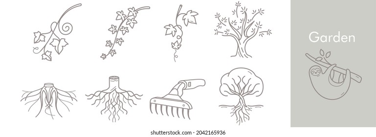 Garden set with trees, root tree, ivy, olive tree, Green Ivy, Hanging Creeper, Wall Climbing Ivy, Wall Plant, garden tools, sloth Collection with isolated elements of Orchard and landscape design