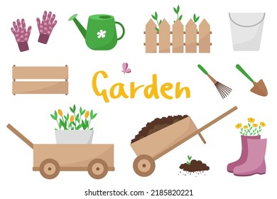 Garden set with trolleys, rubber boots, watering can, gardening gloves, wooden box and fence. Vector illustration of garden inventory on a white background.