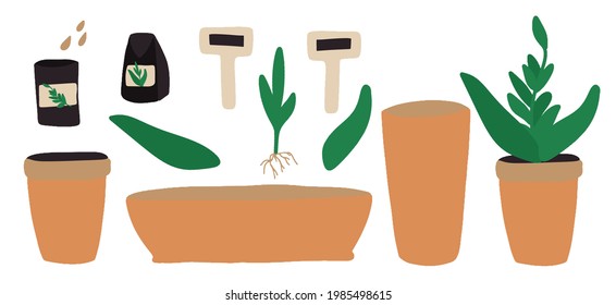 Garden set, garden and vegetable garden icons, Collection of planters illustrations, Growing flowers and fruits, Flower pots, Gardening, Simple doodle drawing, Hand drawing, isolated white background