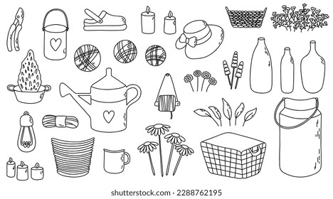 Garden set with water container, threads, candles, pot, bucket, bulb, cup, slipper shoes, hat, secateurs, thuja, flower, basket, leaves and other. Vector outline illustration.