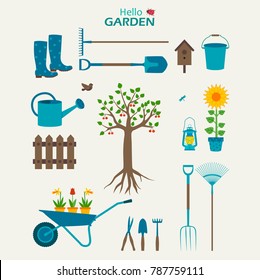 Garden set with watering can, daffodils, boots, cherry tree, nesting box, shovel,rake,fence, lantern and bird.