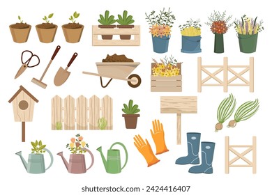 Gartenset, Garten Schubkarre, Schaufel, Harke, Stiefel, Handschuhe, Gießkannen, Vogelhaus, Holzschilder, Pflanzen und Zäune. Symbole, Frühlings-Illustration, Vektor