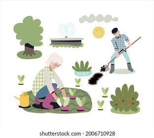 Jardín. Una mujer está plantando remolachas en el jardín. Ilustración vectorial. Un árbol crece, una fantasía fluye. El jardinero está goteando por el suelo, el nabo está creciendo. El sol brilla.
