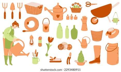 Garden set with woman with watering can, threads, candles, pot, bucket, bulb, cup, slipper shoes, hat, secateurs, thuja, flower, basket and other. Vector illustration.