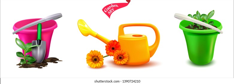 Garden set.3d. Realistic Plastic Bucket.Realistic Vector Trowel - agricultural tool.Vector plant. Flower with green leaves, with a stem that goes into the ground. Seedling.Watering can.