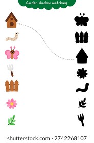 Garden shadow matching activity with birdhouse, worm, butterfly, fork, fence, flower. Spring puzzle for kids. Find correct silhouette printable worksheet, game, page for children
