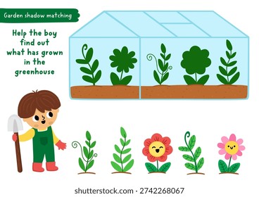 Garden shadow matching activity with boy gardener and greenhouse with flowers and plants. Spring puzzle for kids. Find correct silhouette printable worksheet, game, page for children
