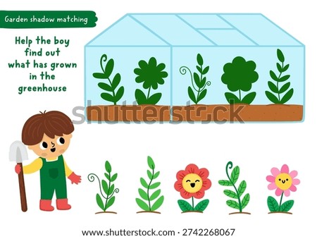 Garden shadow matching activity with boy gardener and greenhouse with flowers and plants. Spring puzzle for kids. Find correct silhouette printable worksheet, game, page for children
