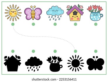 Garden shadow matching activity with traditional characters. Spring holiday shape recognition puzzle with cute kawaii animals. Find correct silhouette printable worksheet. Easter page for kids
