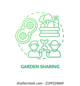 Icono de concepto de degradado verde para compartir jardín. Compartir horticultura urbana. Cultivando plantas. Ilustración de línea delgada de idea abstracta de tipo jardinería. Dibujo de contorno aislado. Se usa una fuente Myriad Pro-Bold