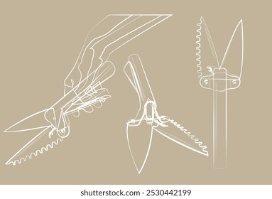 Cisalhamento de jardim com alça vermelha. Ilustração vetorial. Esboços de linha branca. Ferramenta de equipamento.