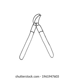 Garden shears doodle illustration. Secateurs vector outline illustration. Garden tool isolated on white background.