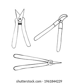 Gartenscheren, doodle-Illustrationssatz. Secateurs Vektorgrafik. Gartenwerkzeuge einzeln auf weißem Hintergrund.