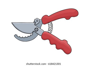  Garden shears with red handles. Vector contour.