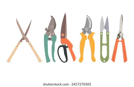 Garden shears and secateurs flat item set. Cartoon cutting or trimming professional instruments isolated vector illustration collection. Craft concept different shapes and color for your design.