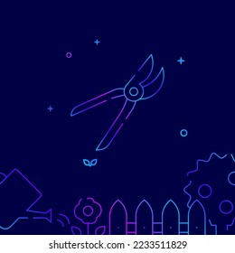 Garden shears, secateurs gradient line vector icon, simple illustration on a dark blue background, garden, farm related bottom border.