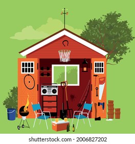 Garden shed filled with tools, sport equipment and recreational items, chairs, barbeque and table with beer in front, EPS 8 vector illustration