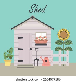 Garden shed, flowers in pots, sunflower. Vector illustration.