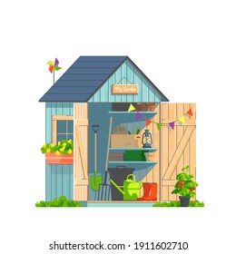 Garden shed with household tools isolated on white background. Watering-can, shovel, pitchfork, pots and plants for gardening and landscaping. Vector illustration svg