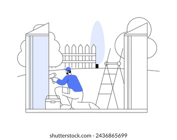 Garden shed installation abstract concept vector illustration. Handyman assembling a garden shed with equipment, residential construction, exterior works, backyard maintenance abstract metaphor.