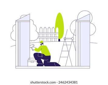 Garden shed installation abstract concept vector illustration. Handyman assembling a garden shed with equipment, residential construction, exterior works, backyard maintenance abstract metaphor.