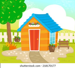 Garden Shed - Orange shed with blue roof, flowers and a bench in the yard. Eps10