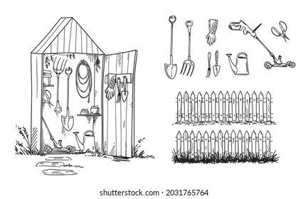 Garden shed and set of geardening tools and lawn mower, vector sketch svg
